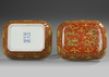A CHINESE YELLOW-DECORATED RED-GROUND DRAGONS BOX AND COVER, QING DYNASTY (1644–1911)