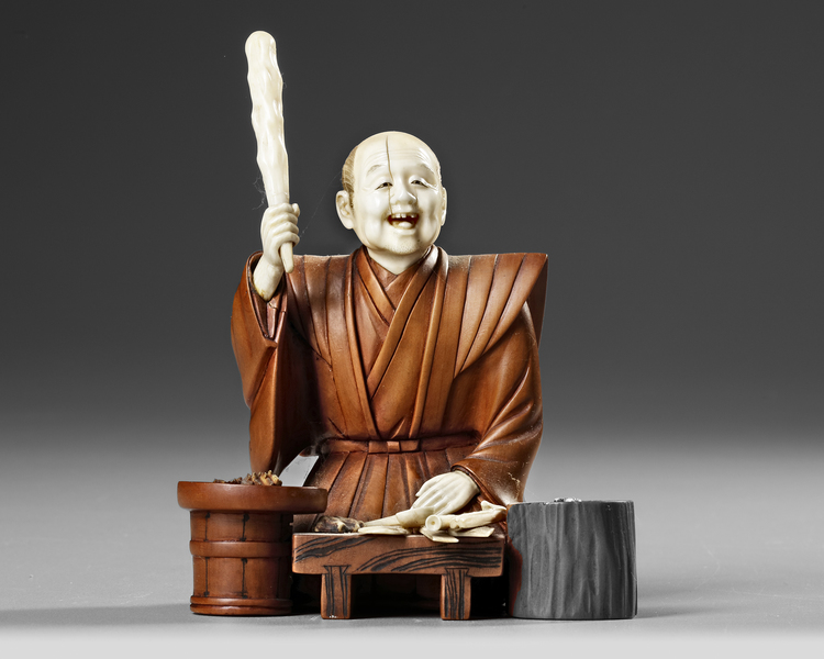 A JAPANESE WOOD AND BONE CARVED OKIMONO, MEIJI PERIOD (1868-1912)
