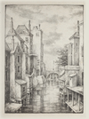 A BLACK AND WHITE DRAWING DEPICTING A CANAL SCENE, G. POST GREVE