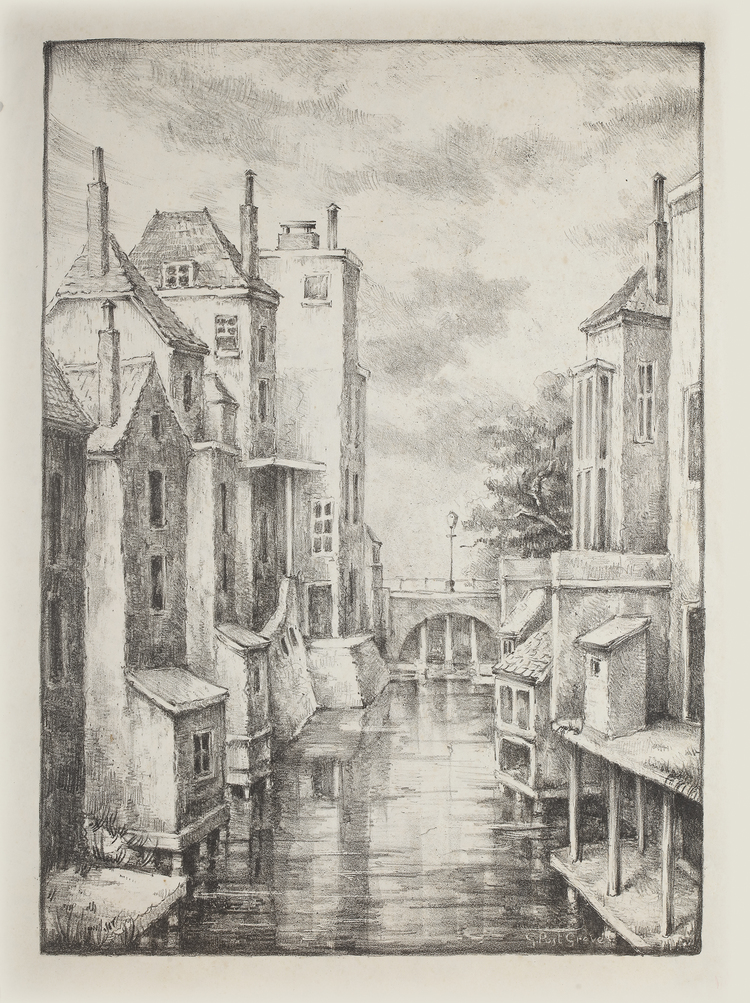 A BLACK AND WHITE DRAWING DEPICTING A CANAL SCENE, G. POST GREVE
