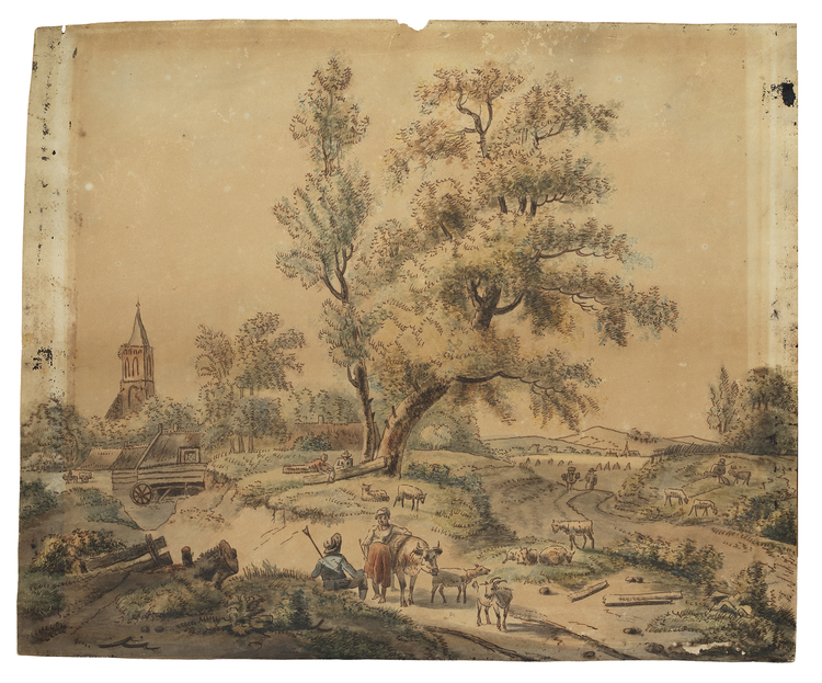 A PASTORAL LANDSCAPE WITH VILLAGERS AND ANIMALS,19TH CENTURY