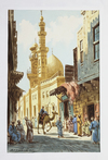 AN ORIENTAL STREET SCENE WITH A GOLDEN MOSQUE