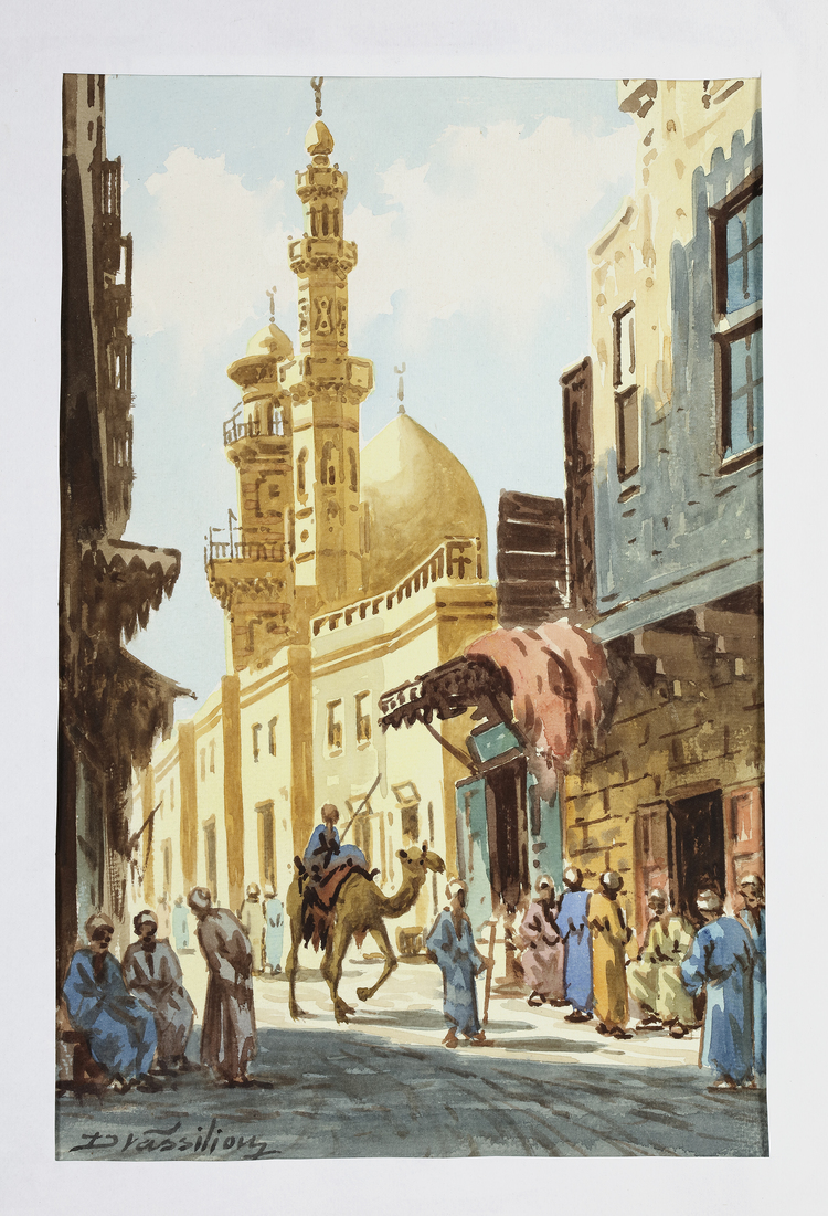 AN ORIENTAL STREET SCENE WITH A GOLDEN MOSQUE