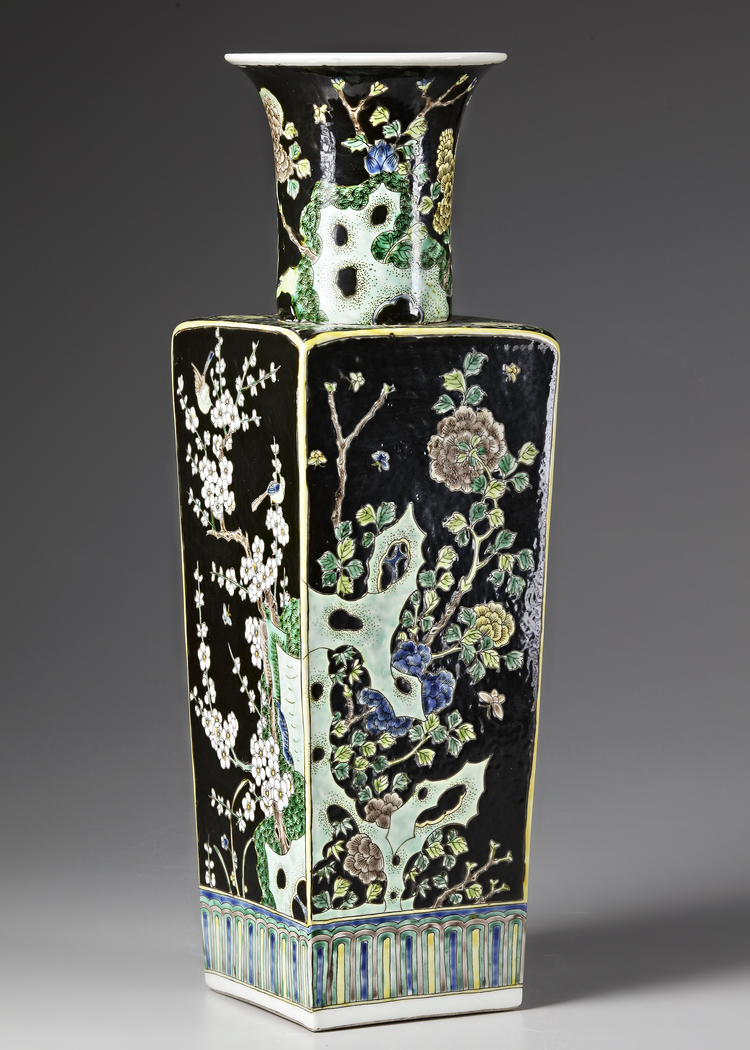 A CHINESE FAMILLE NOIR SQUARE-SECTION VASE