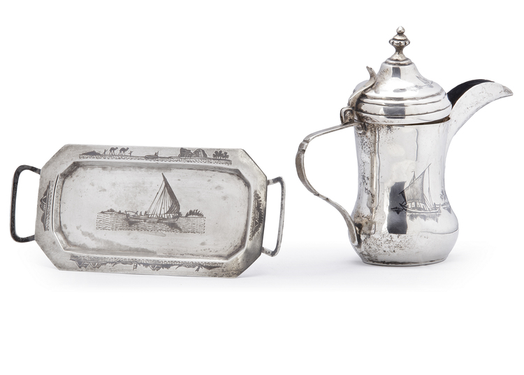 A PAIR OF IRAQI SILVER NIELLO PIECES DEPICTING THE MARSHES OF SOUTHERN IRAQ