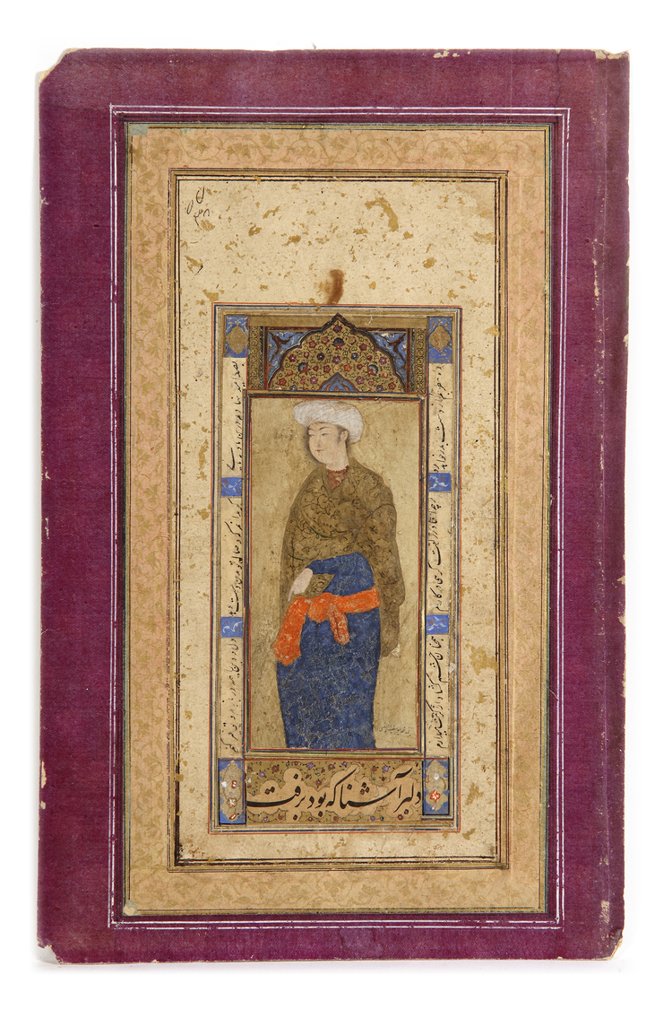 A SAFAVID PORTRAIT OF A YOUNG MAN, THE CALLIGRAPHY SIGNED MOHAMMED YUSEF AL-HUSAYNI, 17TH CENTURY