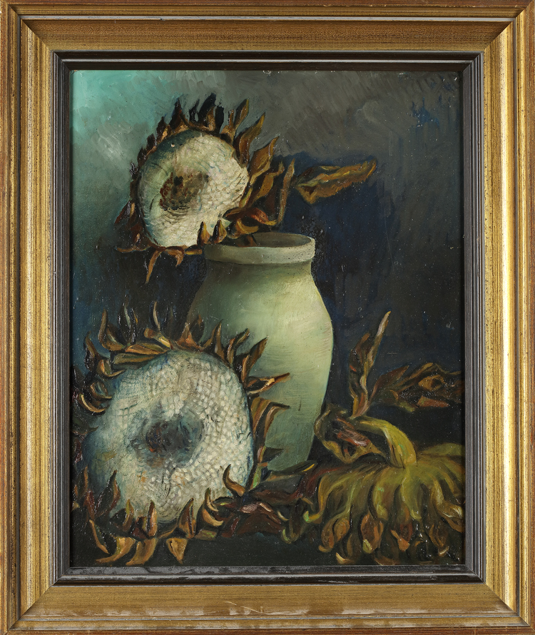 STILL LIFE WITH SUNFLOWERS AND CERAMIC VASE