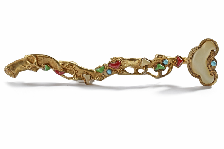 A CHINESE GILT BRONZE SCEPTRE WITH JADE INLAY, 20TH CENTURY