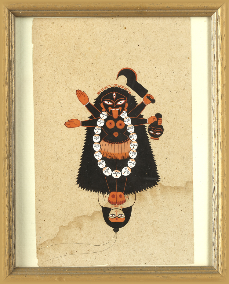 INDIAN TANTRIC PAINTING OF GODDESS KALI STANDING ON LORD SHIVA