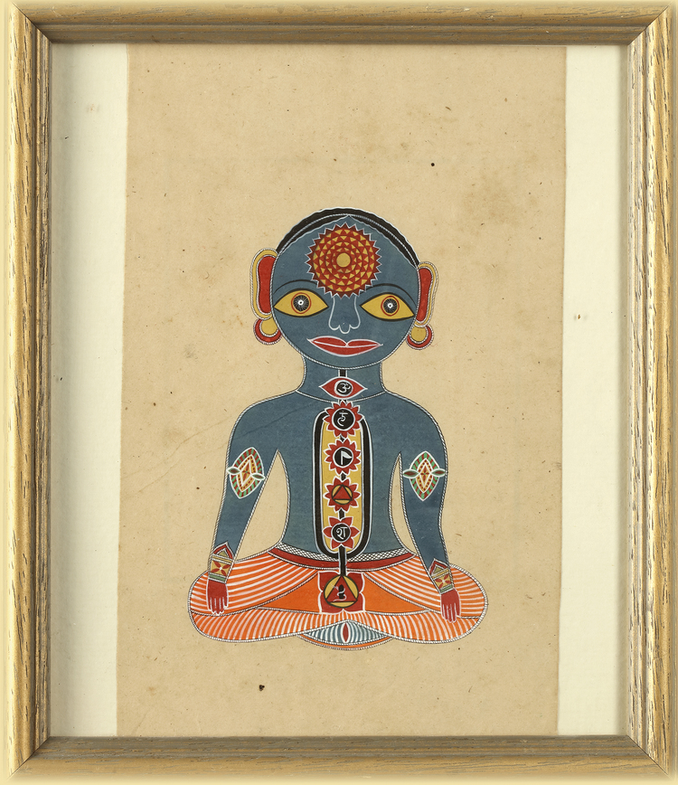 INDIAN TĀNTRIK PAINTING OF MEDITATING BLUE SIDDHA WITH CHAKRA DIAGRAM
