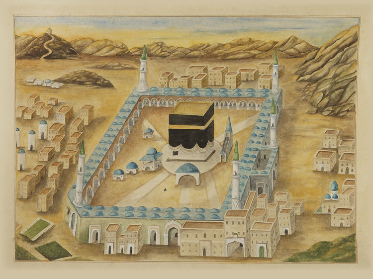 A PAINTING OF MECCA SHOWING THE KABAA  AND AL-MASJID AL-HARAM, OTTOMAN EARLY 20TH CENTURY