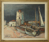 RUDOLPH KOCH (1902-1985), BOATS NEAR A LIGHTHOUSE, OIL ON BOARD