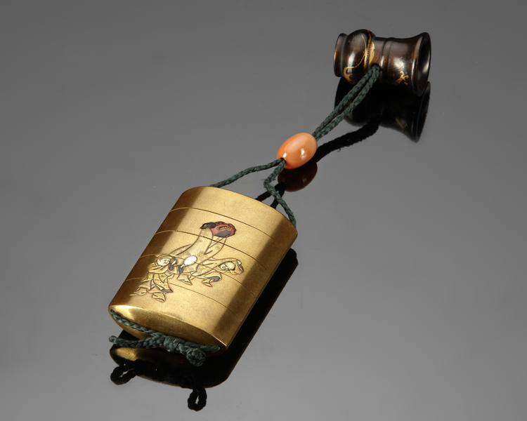 SAITO, GOLD LACQUER INRO WITH HOTEI AND SHISHIMAI, JAPAN, LATE 19TH CENTURY