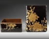 A JAPANESE LACQUER BOX AND COVER WITH HIGH RELIEF GOLD LACQUERED WITH BOTAN FLOWERS, 19TH CENTURY
