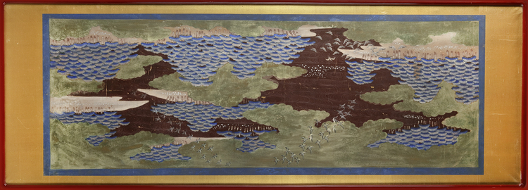 A JAPANESE PAINTING, FLOCK OF CRANES OVER RIVER AND PINE FOREST, 19TH CENTURY