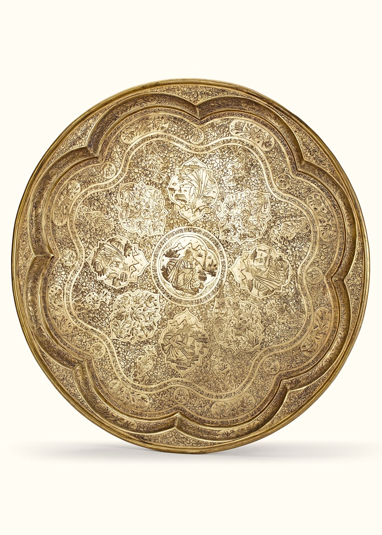 A QAJAR BRASS ENGRAVED TRAY, PERSIA, 19TH CENTURY