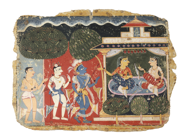 A FOLIO FROM THE DISPERSED "PALAM" BHAGAVATA PURANA : GOPIS COMPLAINING TO KRISHNA FOR STEALING BUTTER, INDIA, DELHI-AGRA AREA, CIRCA 1520-40 |