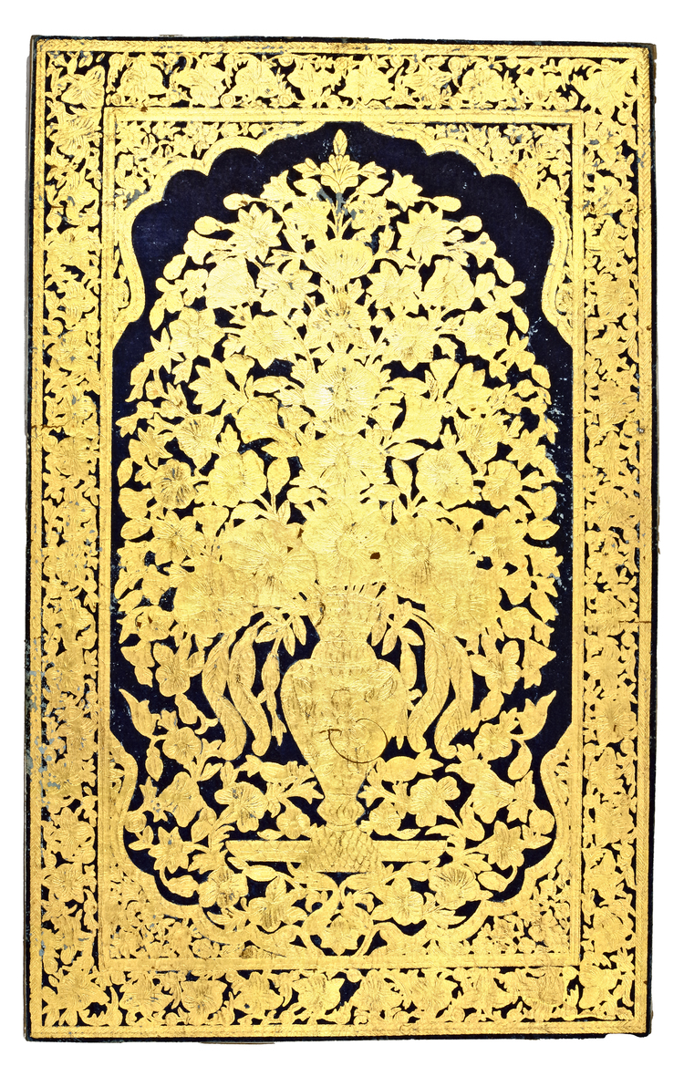 A GOLDEN ALBUM PAGE WITH DECOUPE VASE OF FLOWERS, BIJAPUR/DECCAN, INDIA, CIRCA 1630-1640