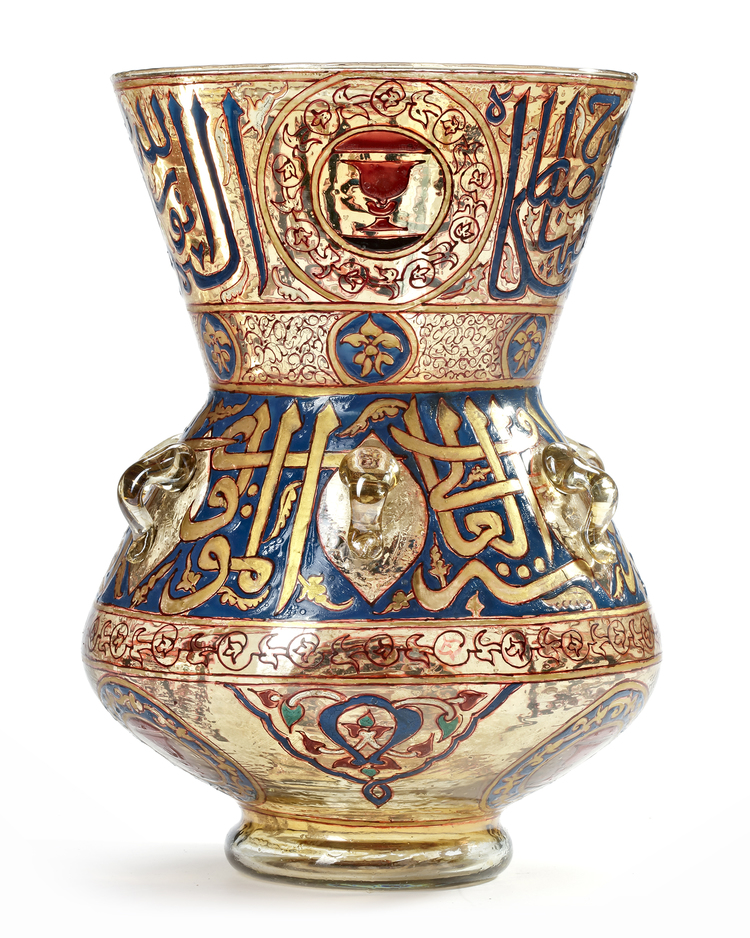 A LARGE ISLAMIC GILT AND ENAMELED GLASS MOSQUE LAMP, 19TH CENTURY