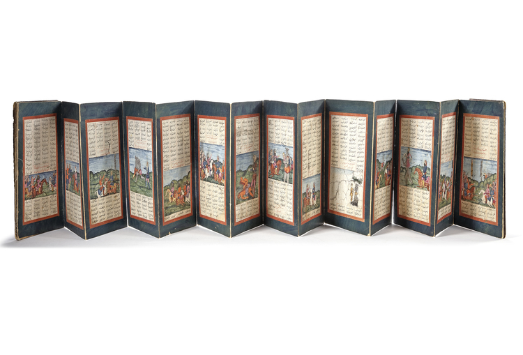 AN ILLUSTRATED CONCERTINA ALBUM FROM FERDOWSI’S SHAHNAMEH, PERSIA QAJAR,18TH CENTURY