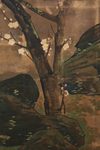 A JAPANESE SCREEN ON OXIDIZED SILVER LEAF PRESENTING A SPRING SCENE, LATE EDO PERIOD (FIRST HALF 19TH CENTURY)