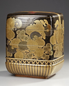 A JAPANESE GOLD LACQUERED BENTO BOX — CHRYSANTHEMUM ELEGANCE IN BAMBOO BASKET, MEIJI PERIOD (1868-1912)