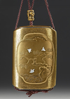 A JAPANESE SHIBAYAMA INLAY INRO WITH NETSUKE IN WOODEN BOX, MEIJI PERIOD (1868-1912)