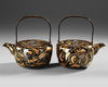 A PAIR OF LUXURIOUS JAPANESE LACQUERED SAKE PITCHERS (CHOCHIN) WITH EXQUISITE GOLD FLORAL DESIGN AND ORIGINAL WOODEN BOX,MEIJI PERIOD,1868-1912