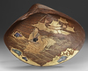 ELEGANT SHELL-SHAPED WOODEN PLATE WITH LACQUERED GOLDLEAF SCENE AND MOTHER-OF-PEARL INLAY,MEIJI PERIOD,1868-1912