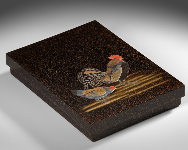 EXQUISITE JAPANESE SUZURIBAKO CALLIGRAPHY BOX WITH MASTERFUL HIGH-RELIEF LACQUER DESIGN, MEIJI PERIOD,1868-1912