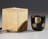 A JAPANESE NATSUME TEA CADDY WITH GOLDLEAF FLORAL LACQUER AND SILVER LEAF INTERIOR — IN SIGNED WOODEN TRANSPORT BOX, 20TH CENTURY