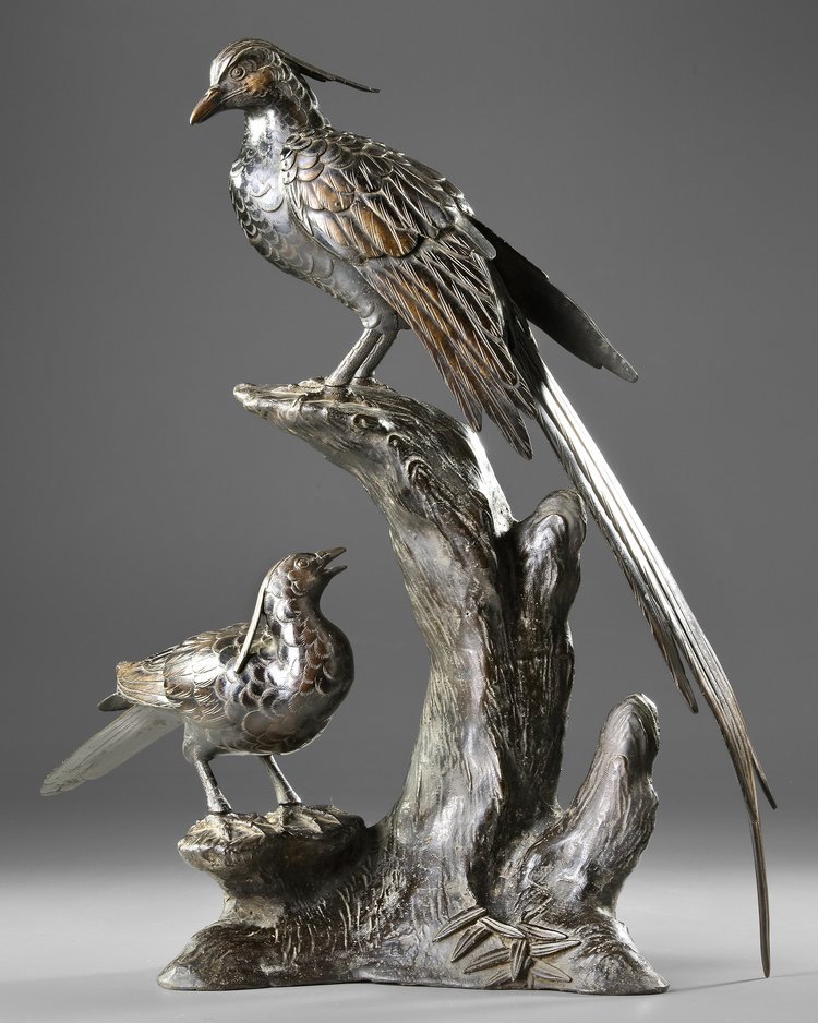 A JAPANESE BRONZE OKIMONO WITH PHEASANTS, MEIJI PERIOD,1868-1912