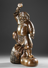 HEAVY BRONZE STATUE OF EBISU — WITH LUCKY MALLET, HAY BALE AND BAG OF FORTUNE,EARLY 20TH CENTURY