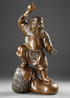 HEAVY BRONZE STATUE OF EBISU — WITH LUCKY MALLET, HAY BALE AND BAG OF FORTUNE,EARLY 20TH CENTURY