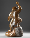 HEAVY BRONZE STATUE OF EBISU — WITH LUCKY MALLET, HAY BALE AND BAG OF FORTUNE,EARLY 20TH CENTURY