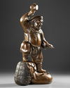 HEAVY BRONZE STATUE OF EBISU — WITH LUCKY MALLET, HAY BALE AND BAG OF FORTUNE,EARLY 20TH CENTURY