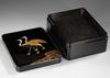 A JAPANESE BLACK LACQUER BOX WITH CRANES — GOLD MAKI-E, RADEN INLAY & SIGNED WOODEN CASE,MEIJI PERIOD,1868-1912