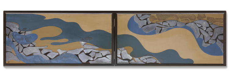 A JAPANESE TWO-PANEL LACQUERED TEA CEREMONY SCREEN WITH RIVER SHORE DESIGN, 20TH CENTURY