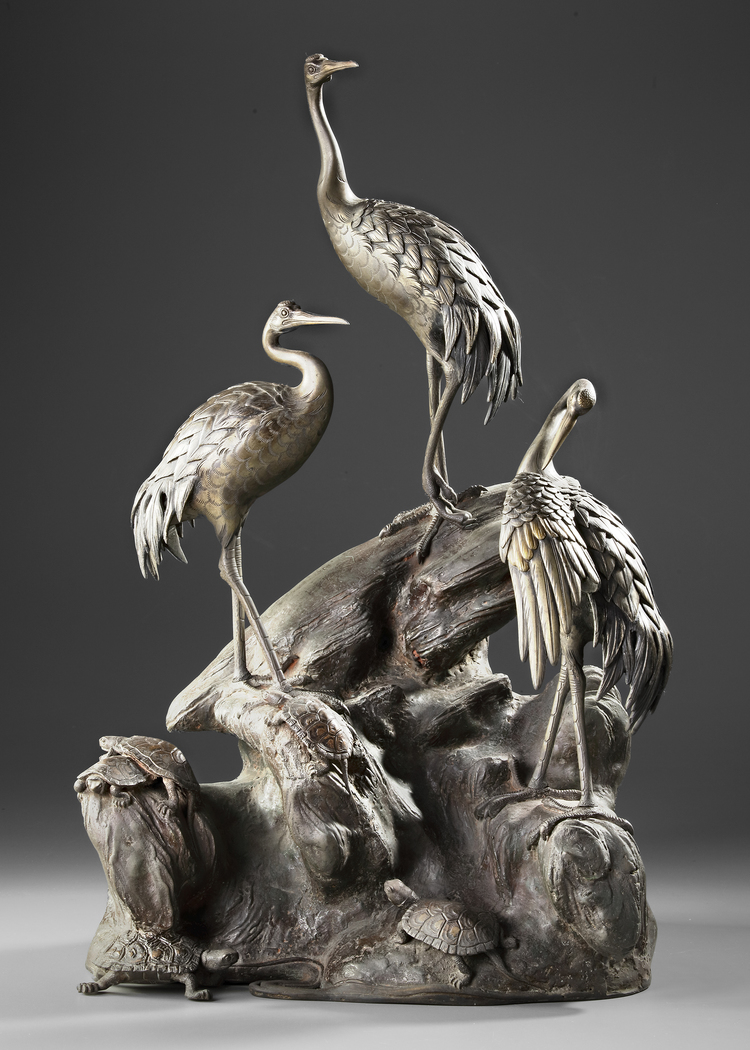 A JAPANESE BRONZE OKIMONO, CRANES AND TURTLES IN HARMONY,MEIJI PERIOD,1868-1912