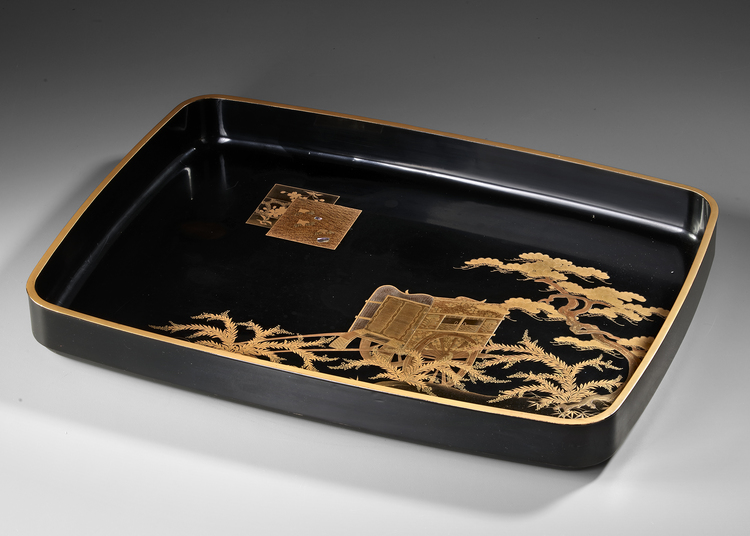 A LACQUERED JAPANESE TRAY WITH FESTIVAL CART AND PINE TREE LANDSCAPE,MEIJI PERIOD,1868-1912