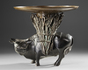 A JAPANESE HEAVY BRONZE USEBATA, ACOW-SHAPED BASE WITH BASKET AND ORIGINAL MARKED WOODEN BOX,MEIJI PERIOD,1868-1912