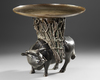 A JAPANESE HEAVY BRONZE USEBATA, ACOW-SHAPED BASE WITH BASKET AND ORIGINAL MARKED WOODEN BOX,MEIJI PERIOD,1868-1912