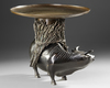 A JAPANESE HEAVY BRONZE USEBATA, ACOW-SHAPED BASE WITH BASKET AND ORIGINAL MARKED WOODEN BOX,MEIJI PERIOD,1868-1912