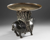 A JAPANESE HEAVY BRONZE USEBATA, ACOW-SHAPED BASE WITH BASKET AND ORIGINAL MARKED WOODEN BOX,MEIJI PERIOD,1868-1912