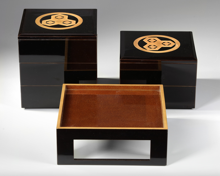 A COMPLETE LACQUERED JAPANESE BENTO FOOD CONTAINER SET WITH ORIGINAL TRANSPORT BOXES, 20TH CENTURY