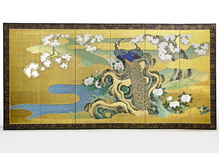 A LARGE JAPANESE SIX-PANEL SCREEN – PEACOCKS AMONG BLOSSOMS ON GOLDLEAF BACKGROUND