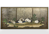 A JAPANESE SIX-PANEL SCREEN – CRANES AND PINES ON SILVERLEAF BACKGROUND,EDO PERIOD (1615–1868)