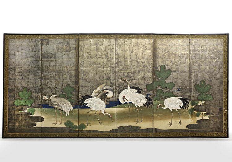 A JAPANESE SIX-PANEL SCREEN – CRANES AND PINES ON SILVERLEAF BACKGROUND,EDO PERIOD (1615–1868)