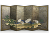 A JAPANESE SIX-PANEL BYOBU SCREEN — CRANES AND PINE TREES BY THE RIVER ON SILVERLEAF BACKGROUND,EDO PERIOD (1615–1868)