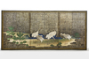 A JAPANESE SIX-PANEL BYOBU SCREEN — CRANES AND PINE TREES BY THE RIVER ON SILVERLEAF BACKGROUND,EDO PERIOD (1615–1868)